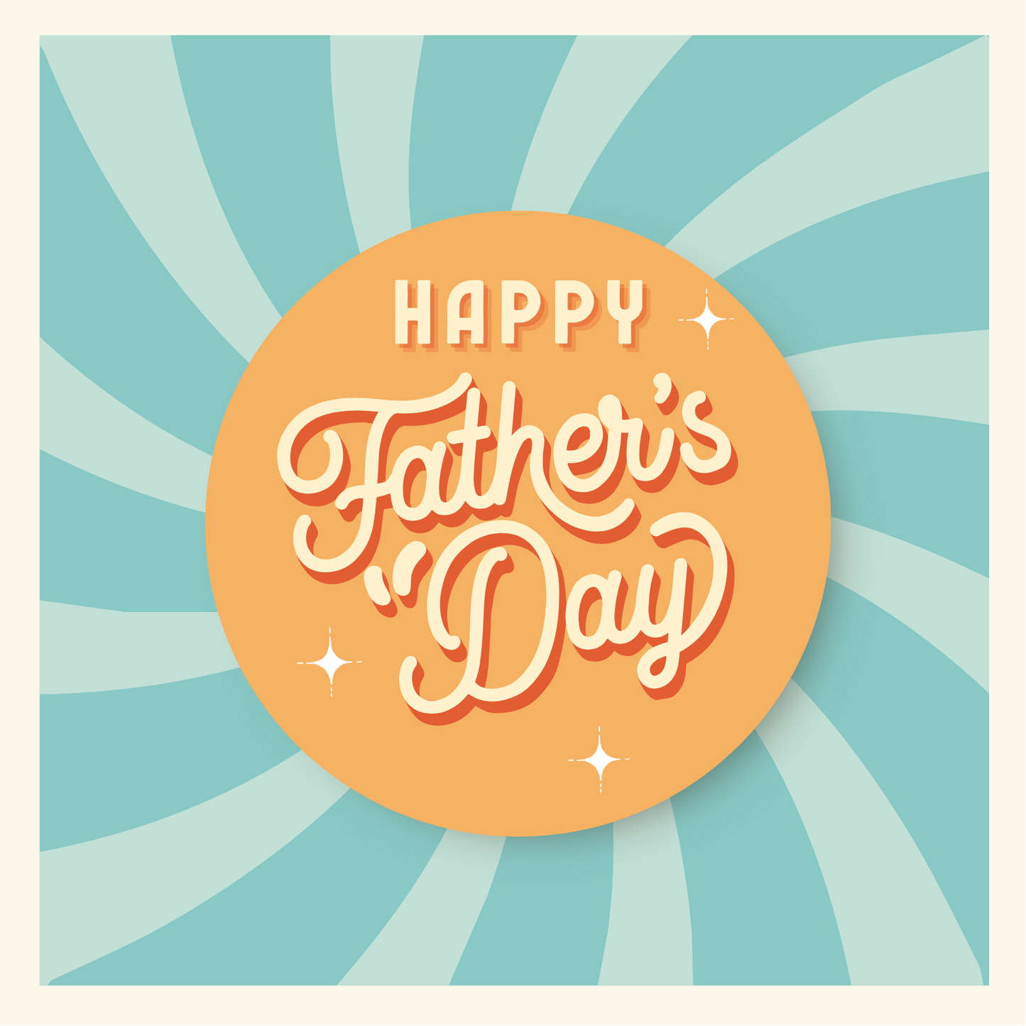 Father's Day card with orange circle and blue sunburst design on a light beige background