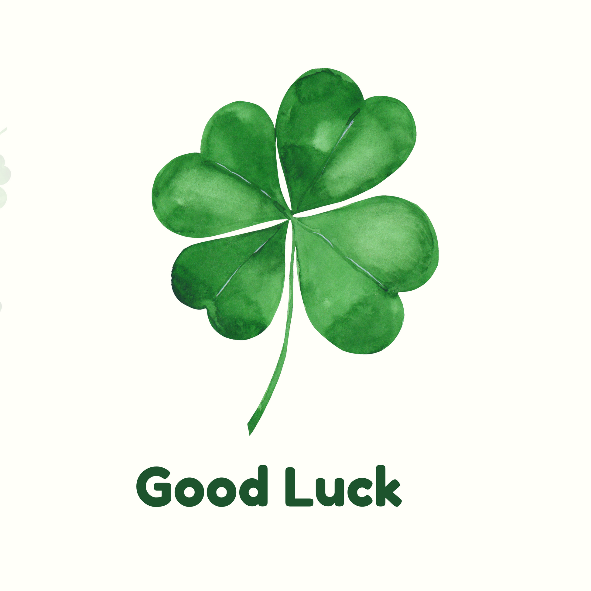 Four-leaf clover with 'Good Luck' text on a white background with small four-leaf clovers.