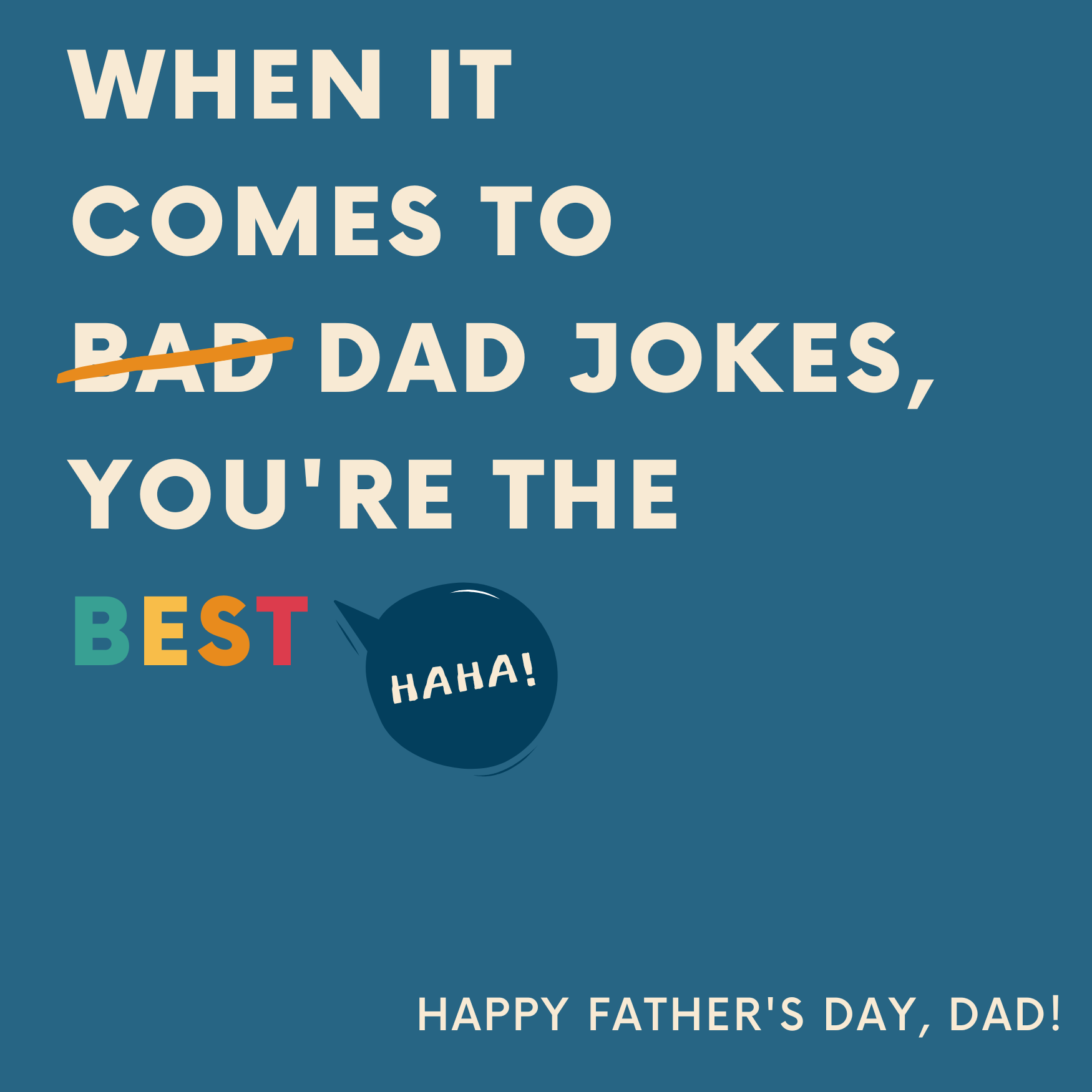 Father's Day card with a humorous quote about bad dad jokes on a blue background.