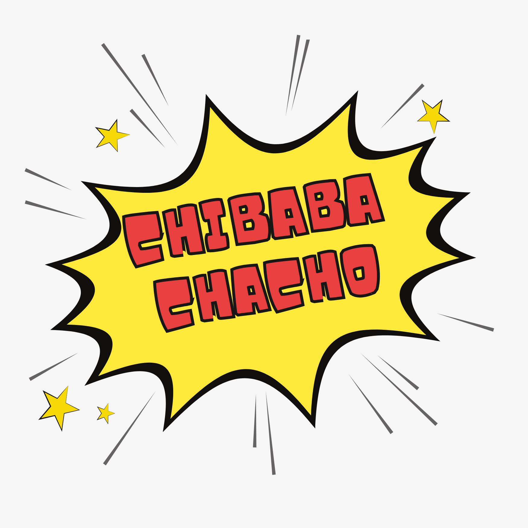 Comic-style text 'CHIBABA CHACHO' in a yellow speech bubble with stars on a white background.
