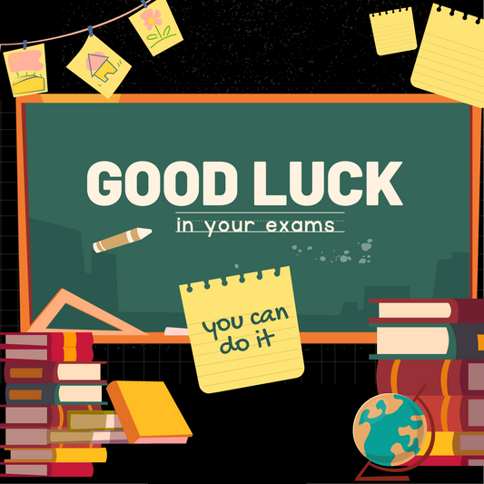 Motivational poster with 'Good Luck in your exams' on a chalkboard, surrounded by books and a globe.