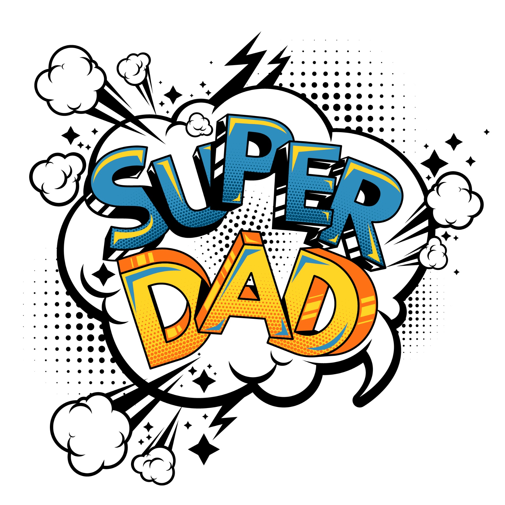 Cartoon-style 'Super Dad' text with comic book effects on a white background