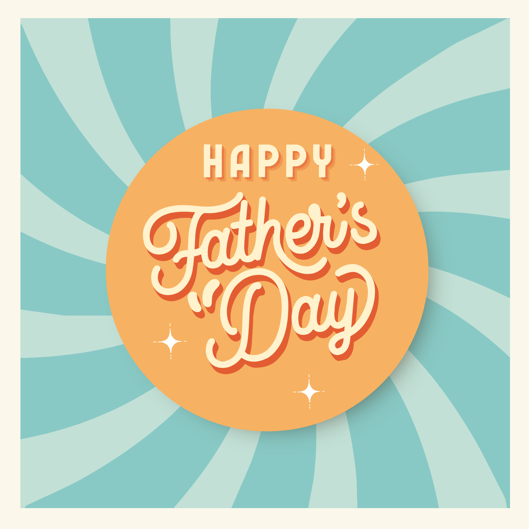 Father's Day card with orange circle and blue sunburst design on a light beige background